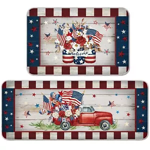 2 Pieces 4th of July Kitchen Rugs and Mats Patriotic Truck and Jar Mats Red W... - Picture 1 of 7