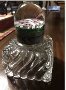 INK WELL Heavy Antique Glass w/ Hinged Lid & Glass Ball Ribbon Top~ Beautiful - Picture 1 of 8