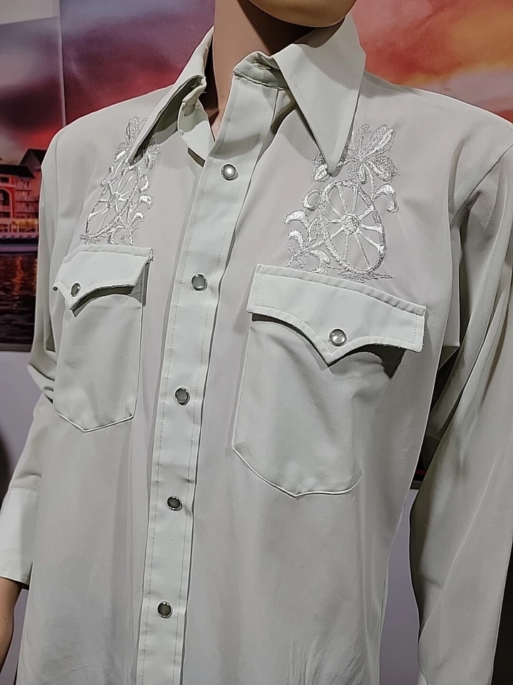 H BAR C 16-33 Ranchwear CA Long Tail Mint Snap Button Embroidered Men's Shirt #C - Image 1 of 4