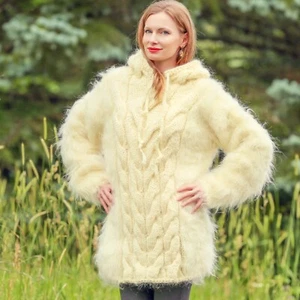 Ivory thick mohair sweater with hood by SuperTanya - Picture 1 of 9