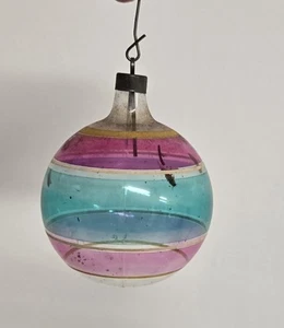 Vtg Premier Unsilvered Fuchsia Blue Stripe Ball Christmas Ornament Glass WWII - Picture 1 of 7