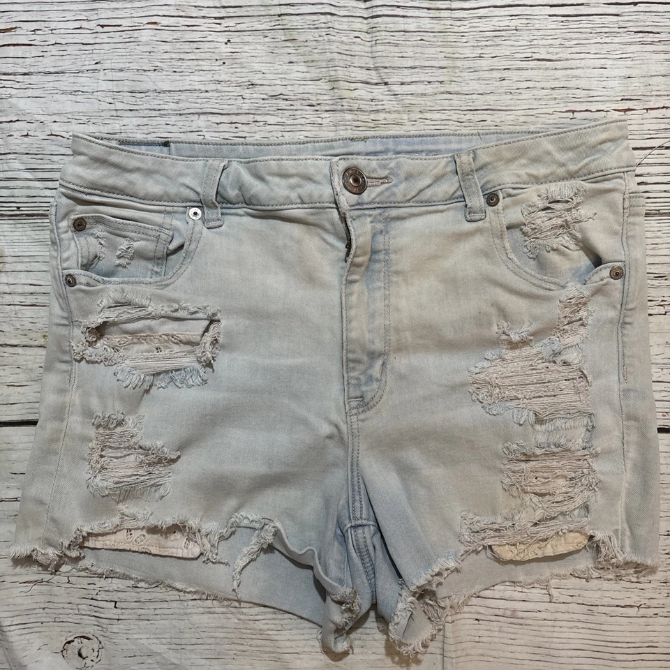 American Eagle High Rise Shortie Next Level Stretch Distressed Jean Shorts Sz 16 - Image 1 of 4