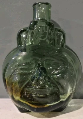 Vintage Inca Face Pisco Small 6" Tall Thick green and brown Glass Liquor Bottles - Image 1 of 4