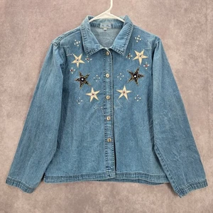 The Blue Stars Studded Rhinestone Button Up VTG Y2K Cotton Shirt Top Medium M - Picture 1 of 7
