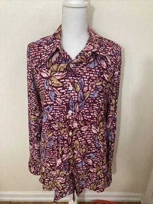 Vintage 1970s Women’s Button Down Shirt Silky Purple Floral Pointed Collar XL - Image 1 of 4