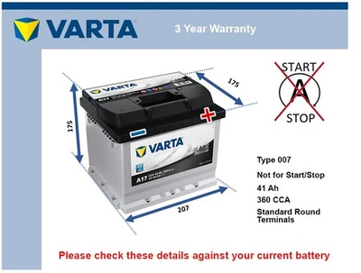 Battery fits VAUXHALL CAVALIER Mk1, Mk2, Mk3 75 to 95 Varta 007 360A 41Ah New - Image 1 of 4