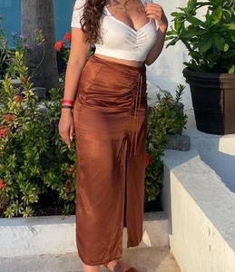 Zara- Brown, silk skirt with a slit and ruching. Mid-calf length Size M - Picture 1 of 4
