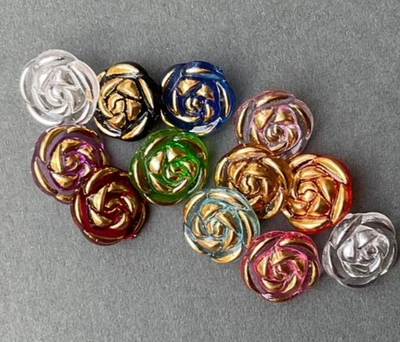 Coloured Transparent Rose Buttons with Gold Detail, Shank Flower Shaped Buttons - Image 1 of 4