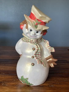Vintage Byron Form 1971 Weihnachten Kitsch Keramik Schneemann Zylinder Mütze Schal Stechpalme 11" - Bild 1 von 22