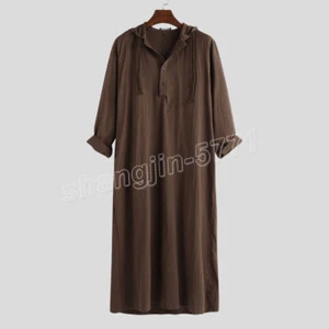 Arab Loose Gown Mens Long Sleeve Muslim Saudi Robe Islamic Thobe Kaftan Hooded - Picture 1 of 22