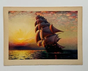 Vintage 6x8 Christmas Card, Ocean Sailing Ship at Sunset, Sunset Oil Company - Picture 1 of 4