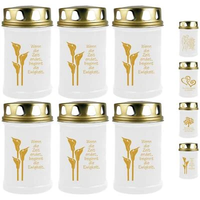 HSCANDLE Grabkerze 6er Pack Grablicht 48h Brenndauer Weiß Grablampe Sprüche 1 Deckel Gold