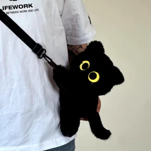 Cute Kawaii Funny Plush Spooky Black Cat Crossbody Bag Purse Accessory - Picture 1 of 2