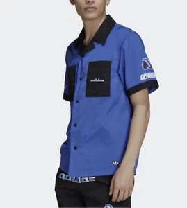 Adidas Originals Mens TGP SS Button Down Shirt Blue / Black HA4744 Sz Medium NWT - Picture 1 of 6