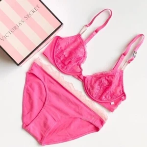 32C XS Victoria’s Secret pink lace unlined demi bra set bikini panty panties - Picture 1 of 6