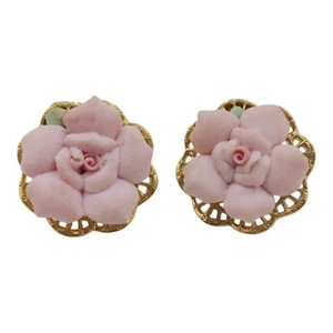 Pendientes de clip de porcelana rosa rosa vintage años 80 casa núcleo hada flor - Imagen 1 de 5