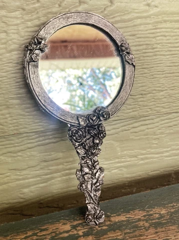 Vintage Pewter Antique Style Hand Held Mirror with Floral Rose Heart Design Cover