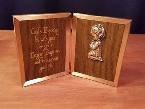 NOS Targa Preghiera Bambini Vintage Legno Ottone Anni 80 Preghiere Notturne Battesimo - Foto 1 di 10