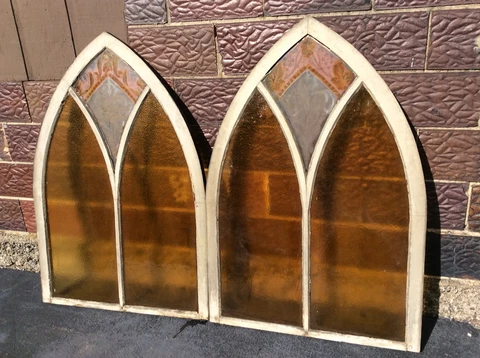2 Antique Gothic Wood Framed Stain Glass Church Windows - Good Cover