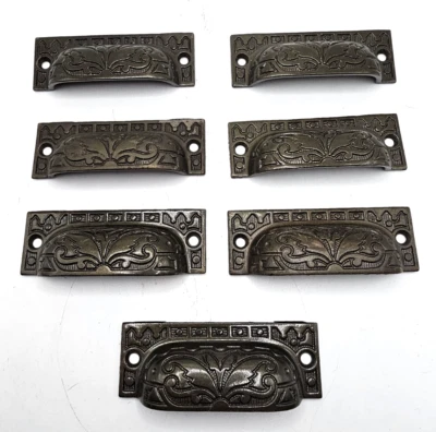 VICTORIAN IRON BIN DRAWER PULLS CABINET HARDWARE 7 ORIGINAL DECORATIVE HANDLES - Image 1 of 4