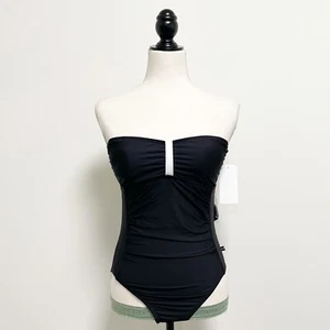 Nautica Black Bandeau Removable Halter Shirred Bathing Suit NWT 8 UV Protection - Picture 1 of 10