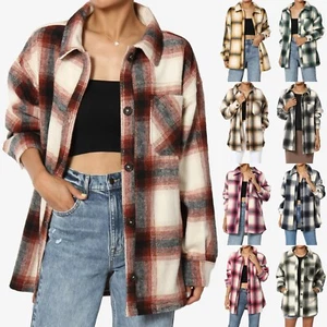 Women's Plaid Flannel Long Sleeve Chest Pocket Oversized Shirt Jacket Shacket - Picture 1 of 62