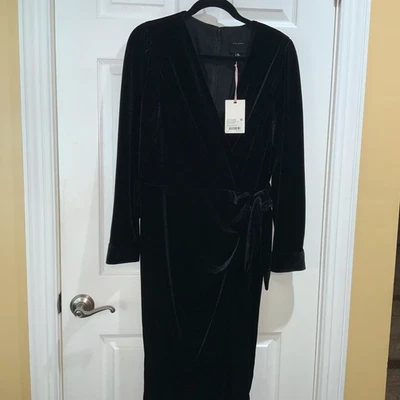 Alex Marie black velvet faux wrap dress Sz 14 side tie new with tags - Image 1 of 4
