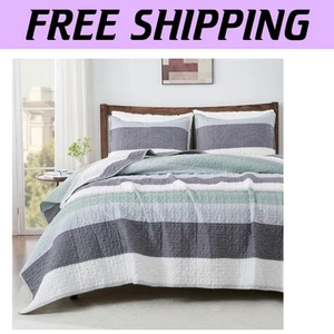 Bohemian Mint Green Striped King Bedspread Set with 2 Pillow Covers, 128x120 - Picture 1 of 10