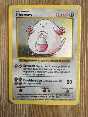 Chansey 3/102 1999 Base Set Shadowless Pokemon Card WOTC Vintage Holo Rare DMG - Image 1 of 2