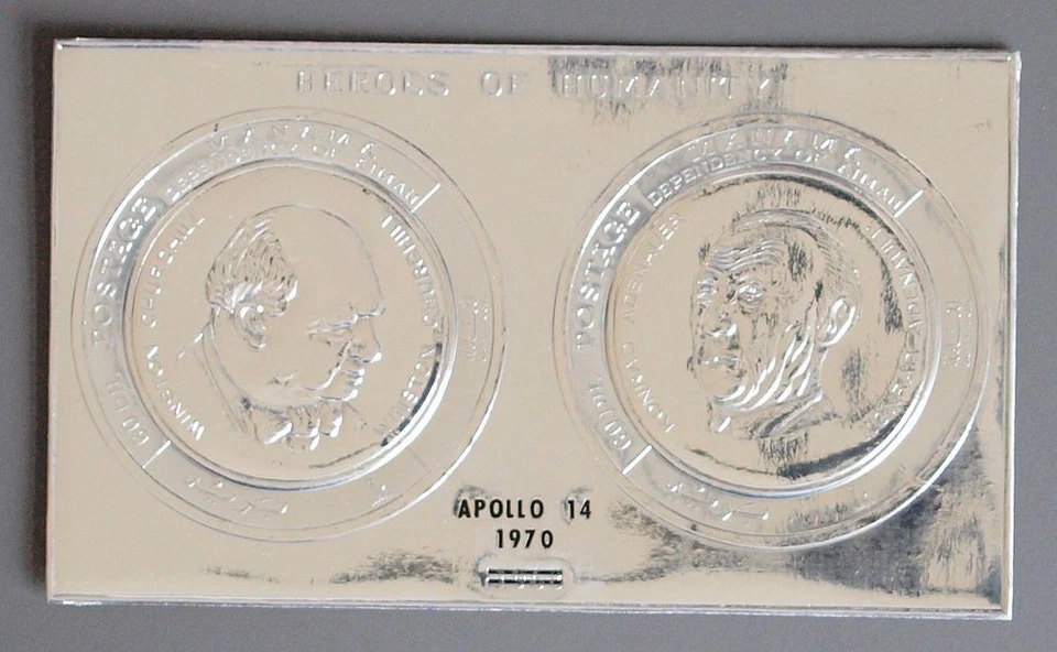 AJMAN Manama 1970 ESPACIO, Apolo 14 embalaje original, MNH/** hoja perforada Churchill PLATA Foto 1 de 1