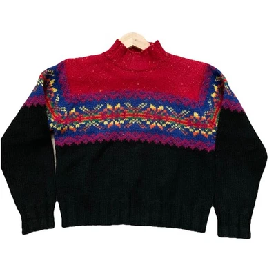 Suéter Vintage Express Tricot Lana Fair Isle Rojo Negro Tejido Nórdico 100% Lana-M Foto 1 de 4