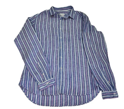 Camisa de vestir italiana Mastai Ferretti para hombre 16/41 azul rosa a rayas 100 % lino Foto 1 de 4