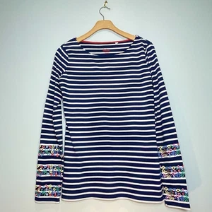 BODEN Women's Navy Blue White Striped Top Floral Embroidered on Sleeve Size 4 - Picture 1 of 9