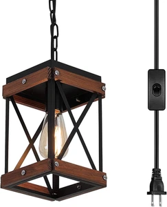 Rustic Farmhouse Plug in Pendant Light with 15Ft Cord, On/Off Switch, Wood & Met - Picture 1 of 7