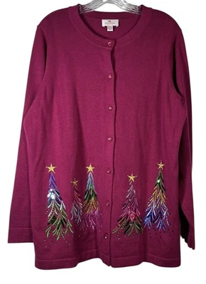 QUACKER FACTORY Sz L Christmas Tree Cardigan Holiday Embroidered Beaded Sweater - Image 1 of 4
