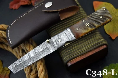 Custom Damascus Steel Tanto Folding Knife Handmade,Rams Horn Handle (C348-L) - Image 1 of 4