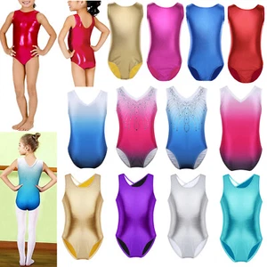 Girls Sleeveless Gymnastics Leotards Shiny One-Piece Practice Outfits 2-14 Years - Picture 1 of 55