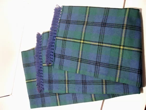 Vintage Wool Blue Green Yellow Tartan Table Bed Runner Fringed 84" x 11 3/4" - Picture 1 of 4