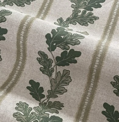 Green Striped Cotton Linen Look Fabric – Burr Oak Tree Leaves, Country Style - Image 1 of 4