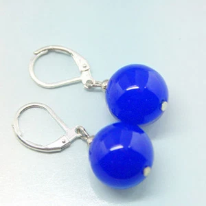 ON SALE New Fashion 10mm Blue Jade Round Beads Silver Leverback Hook Earrings - Picture 1 of 3
