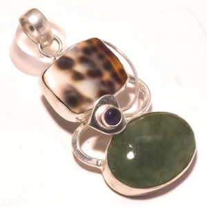 Green Aventurine Mother Of Pearl & Amethyst Gemstone Jewelry Pendant 2.5" c379 - Picture 1 of 3