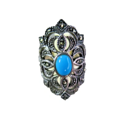 Turquoise Ring Sterling Silver 925 Marcasite Handmade Jewelry Size 6 Viintage - Image 1 of 4