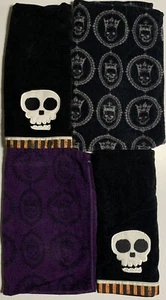 4 Skull Themed Hand Towels - Pair Black w/White Skulls Pair Skulls w/Crowns ~2’T - Picture 1 of 7