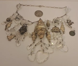 VTG CHINESE Sterling Silver Figural Pendants & Heart Crystals Handmade Necklace - Picture 1 of 8