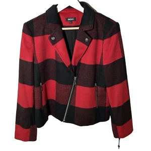 New DKNY Jacket Buffalo Check Plaid Moto Size XL Red Black NWT $199 - Picture 1 of 7