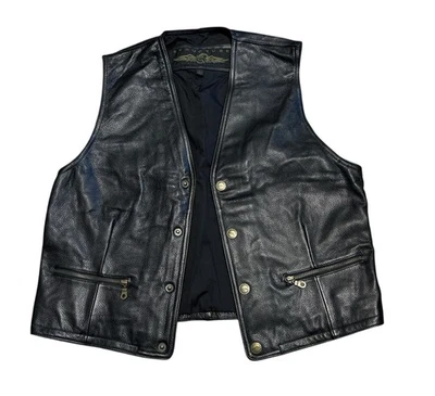 Vintage STRUCTURE Men's Snap Button Black Leather Vest Size L Riding Biker 90s - Image 1 of 4