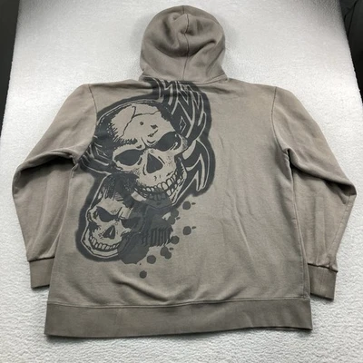 Vintage Harley Davidson Hoodie Mens Large Grey Brown Graffiti Skull Full Zip Y2K - Image 1 of 4