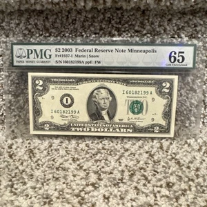 🔥2003 $2 Federal Reserve Note, Minneapolis, PMG 65 GEM, Marin Snow 🔥 - Picture 1 of 2