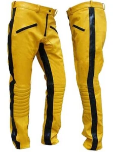 Pantalones: Pantalones amarillos de cuero de cordero hechos a mano de cuero genuino para hombre - Imagen 1 de 5