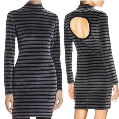 Vestido T by Alexander Wang Gris Azul Marino Rayas Terciopelo Recorte Simulado Cuello Alto Talla XS Foto 1 de 4